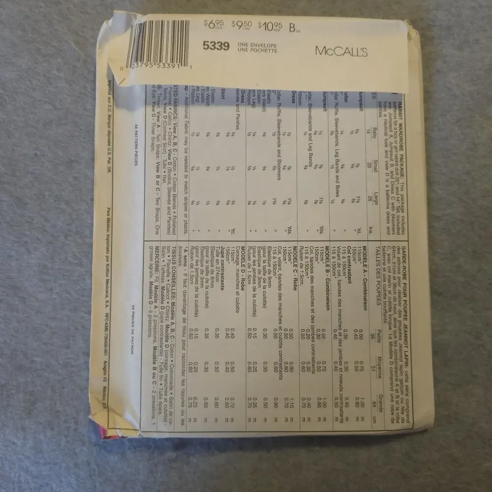 1990's McCall's Rabbit Wardrobe Pattern‎ 5339 for 14,20,25